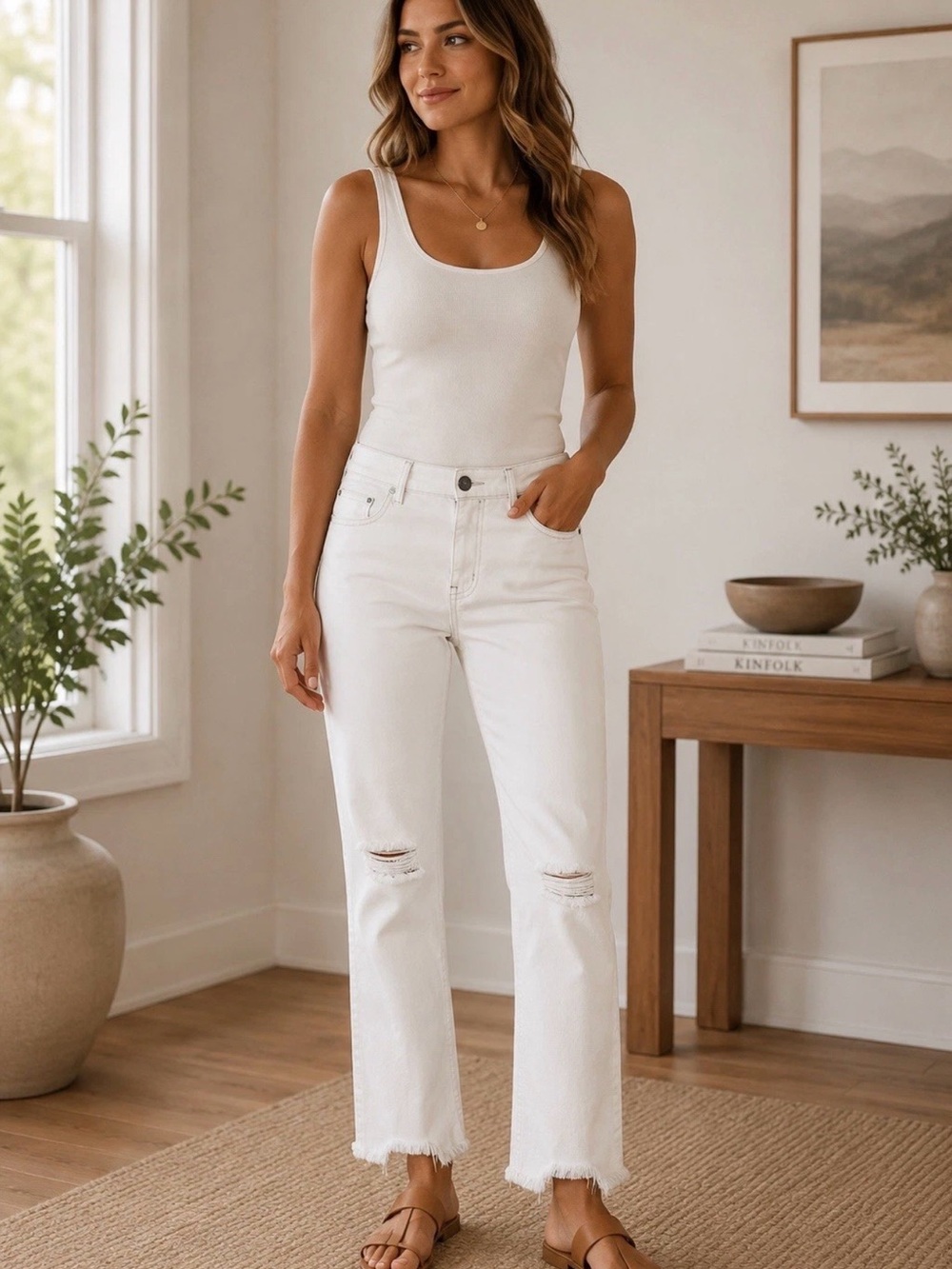 Free People White Distressed Crop Jeans Women’s Size 30 Raw Hem Stretch